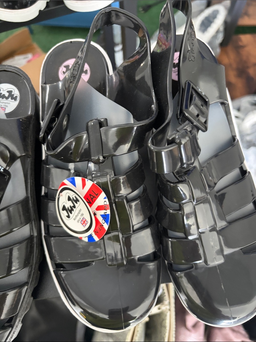 JuJu Glossy Black Patent Jelly Sandals with Buckle